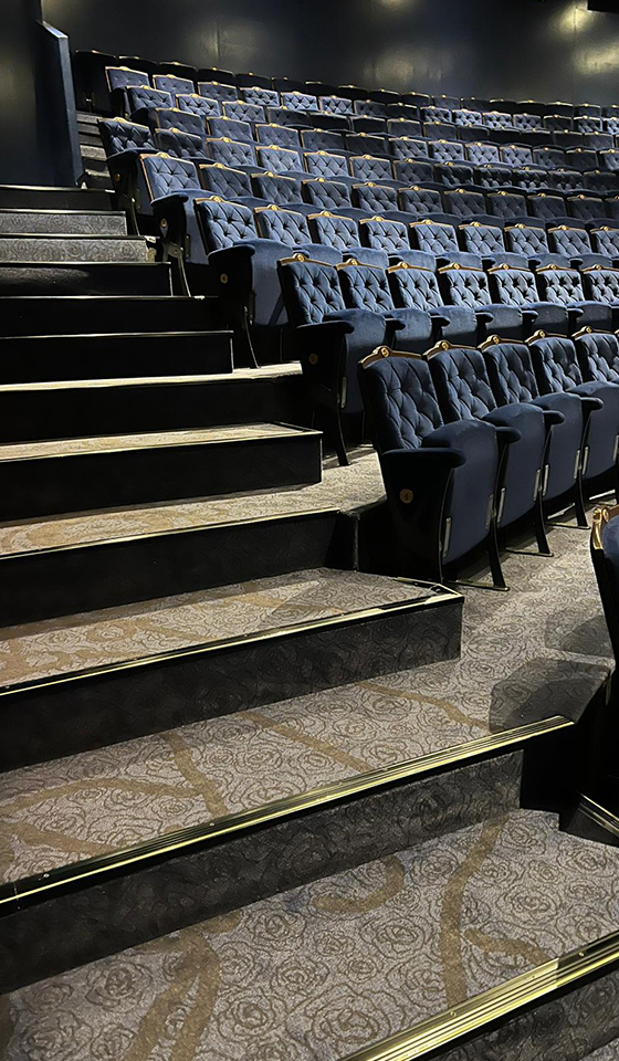 Pavimento tessile in moquette sala cinematografica con gradini e poltroncine, corrimani e profili fotoluminescenti.