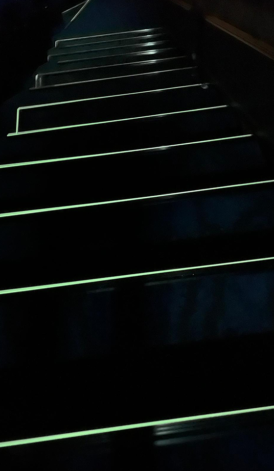 Dettaglio profili fotoluminescenti installati sui gradini e pavimento in moquette di una sala cinematografica e per conferenze.