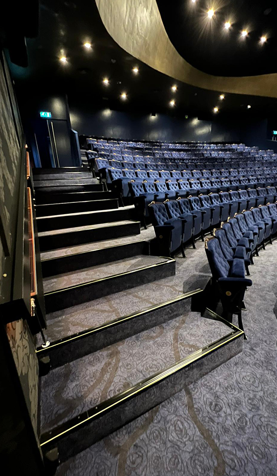 Pavimentazione in moquette sala cinematografica con gradini e poltroncine, corrimani e profili fotoluminescenti