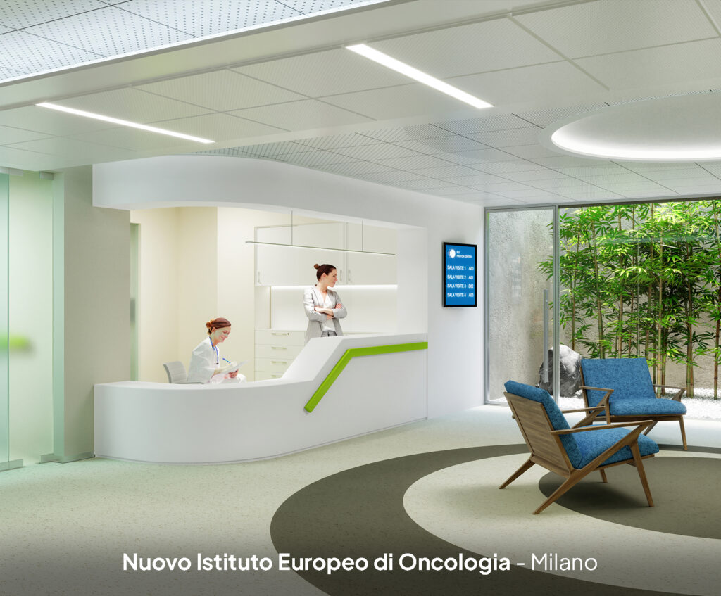 Render interno nuovo IEO 3 MIlano con pavimentazione in PVC per ambiente sanitario, igiene ed alta frequenza.